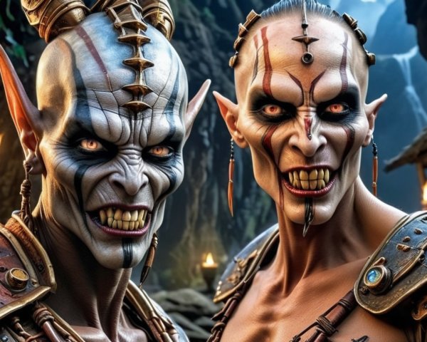 Fierce Fantasy Characters with Tribal Markings and Landscape