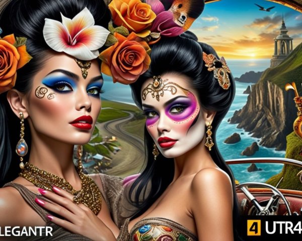 Elegant Women with Artistic Makeup and Floral Surroundings