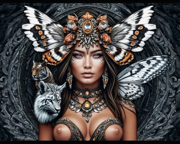 Mystical woman with butterfly wings and animal companions