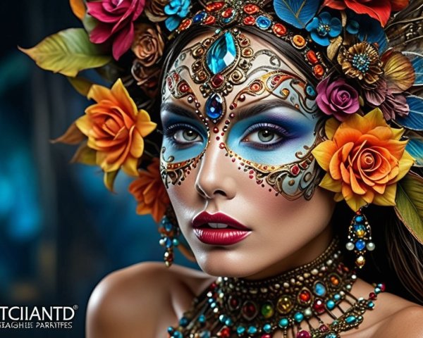 Intricate Face Paint and Floral Crown on Woman