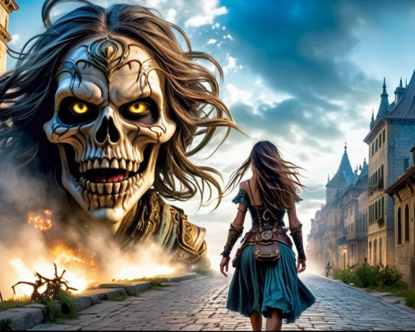 Woman in Blue Dress Facing Giant Skeletal Figure