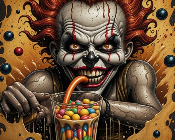 Menacing Clown with Fiery Hair and Colorful Candies