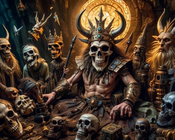 Skeletal Figure in Elaborate Armor Surrounded by Statues