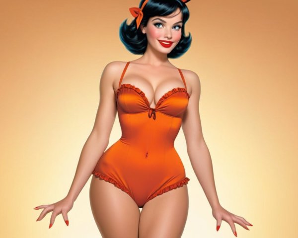 Confident Woman in Vintage Orange Swimsuit with Bow