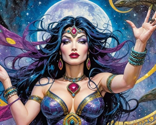 Mystical Woman in Detailed Outfit Under Full Moon