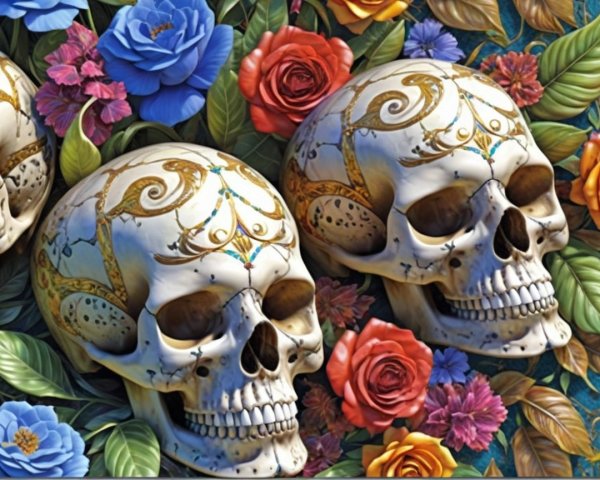 Decorated Skulls Surrounded by Colorful Flowers