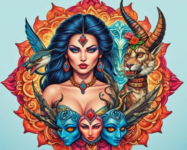 Striking woman with blue hair and ornate mandala backdrop