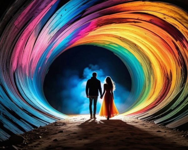 Couple at Colorful Tunnel Entrance with Ethereal Glow