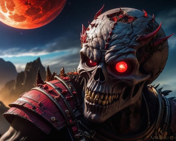 Skeletal Figure with Red Eyes Against Crimson Landscape