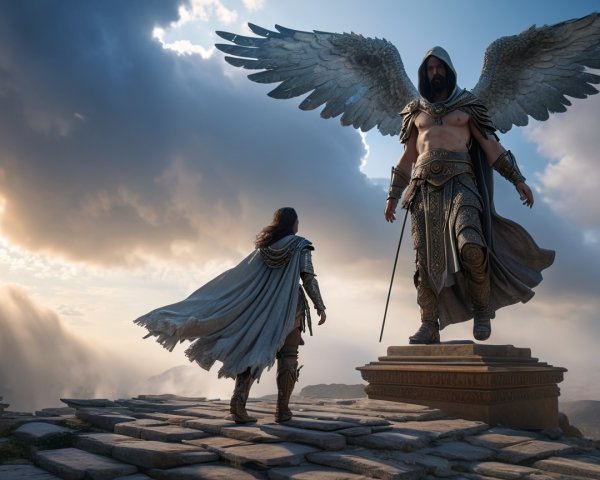 Colossal Winged Figure on Stone Pedestal in Epic Scene