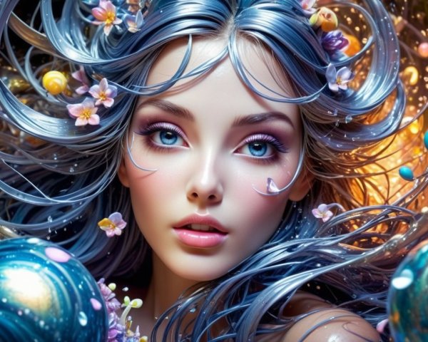 Portrait of a Young Woman with Blue Hair and Flowers