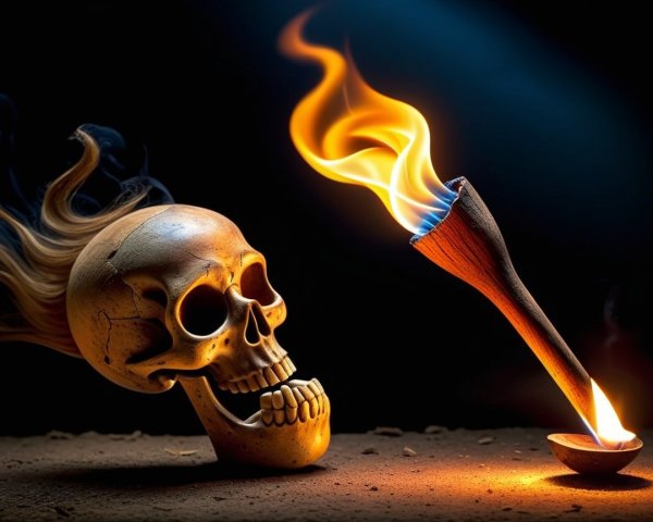 Stylized Skull and Torch on Sandy Surface with Smoke