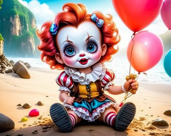 Whimsical Clown Character on a Sandy Beach Scene