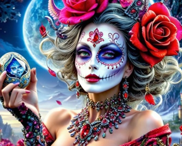 Vibrant Figure in Ornate Attire Against Mystical Sky