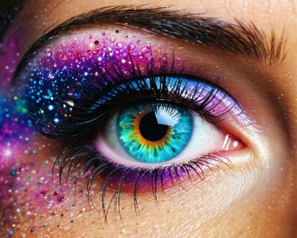 Close-up of a vibrant, multicolored eye with makeup