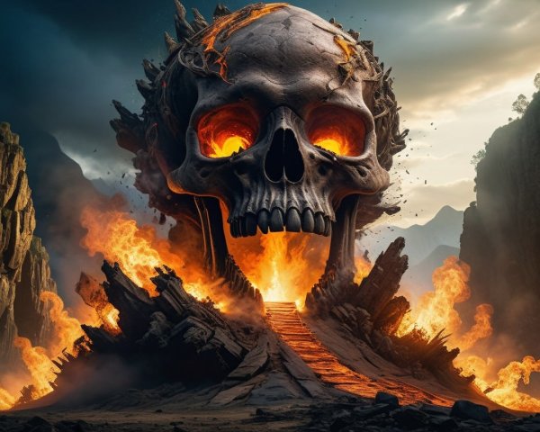 Skull Entrance to Fiery Cave with Dramatic Landscape