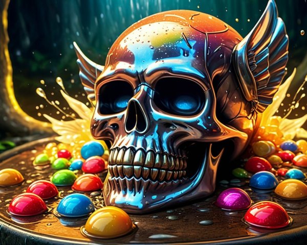 Metallic Skull with Wings Surrounded by Colorful Orbs