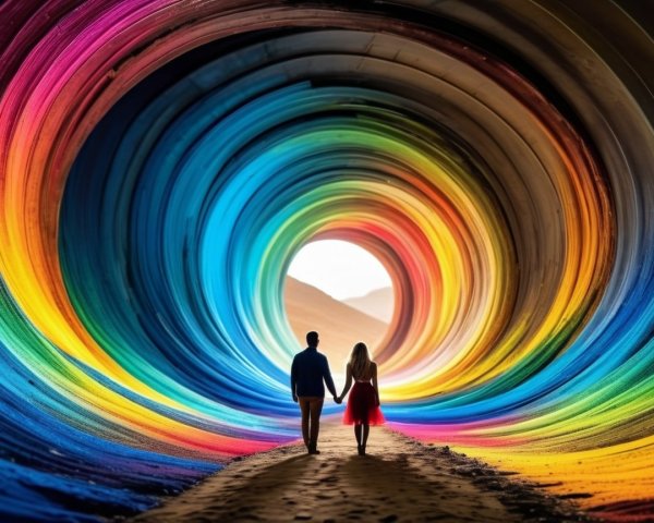 Couple in a Colorful Rainbow Spiral Tunnel