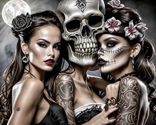 Three Women with Gothic Makeup and Tattoos