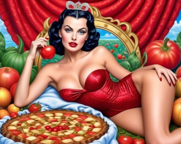 Vintage Pin-Up Girl with Fruits and Red Drapery