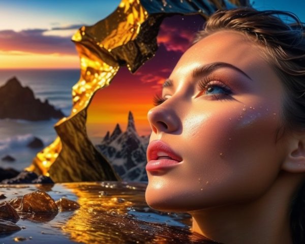 Close-up of a woman's face at sunset with rocks and water