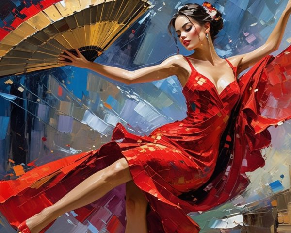 Dancer in Red Dress with Ornate Parasol and Colorful Background