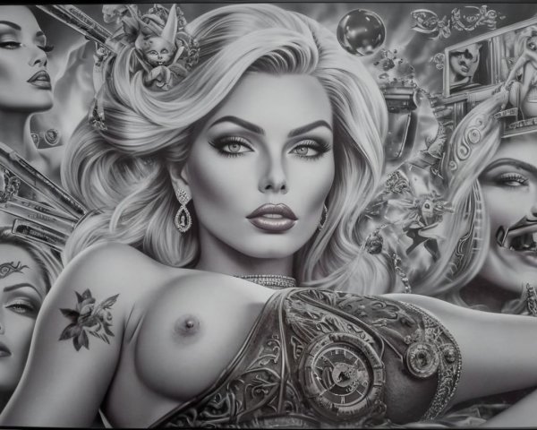 Black-and-white artwork of a glamorous woman with jewelry