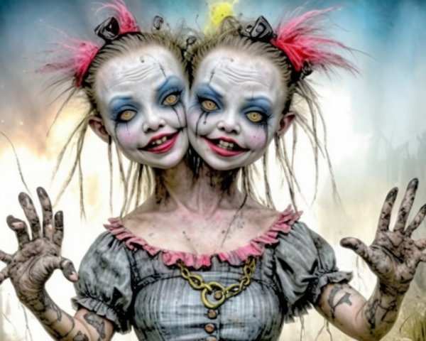 Whimsical Two-Headed Doll with Vintage Style Features