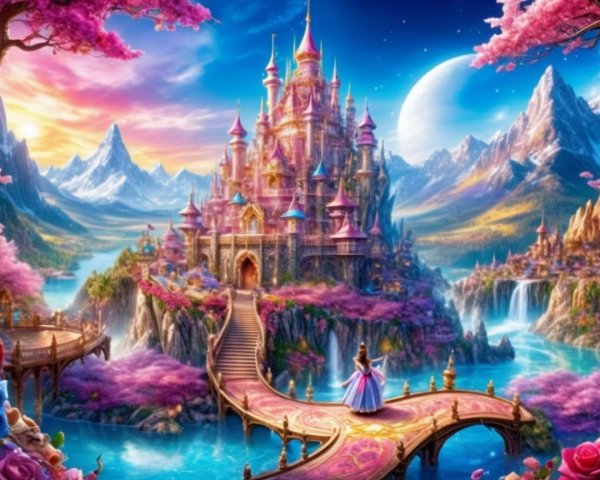 Fairytale Castle Surrounded by Blossoms and Waterfalls