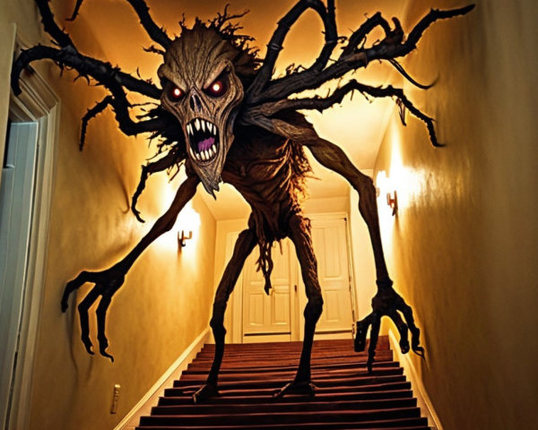 Monstrous Figure at Top of Dimly Lit Staircase