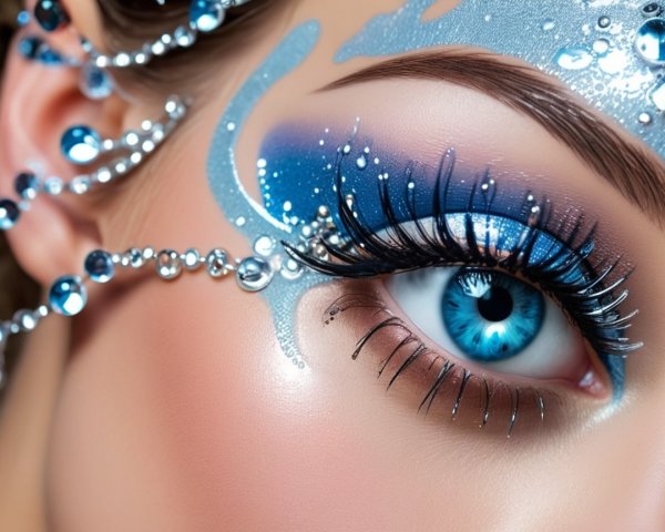 Close-Up of an Eye with Blue Makeup and Crystals