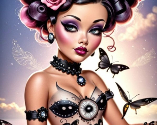 Whimsical Character with Rose Hair and Butterflies