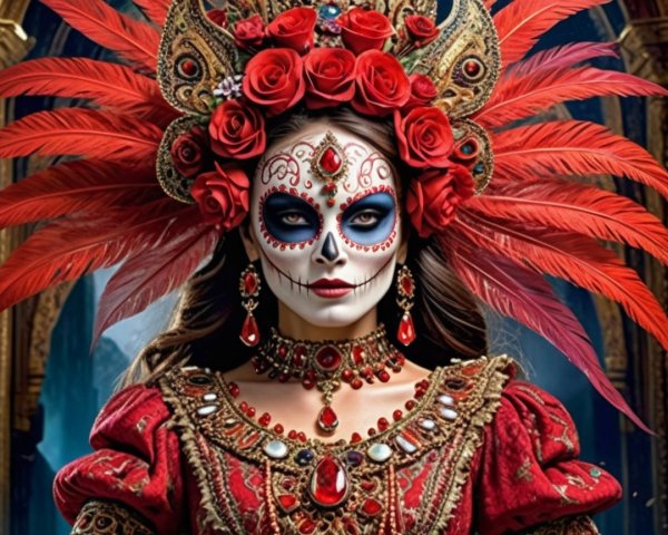 Vibrant Figure in Ornate Attire with Sugar Skull Makeup