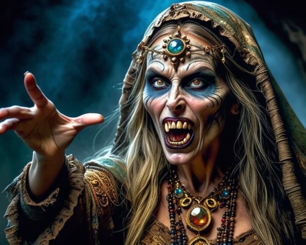 Witch-like Figure with White Hair and Dramatic Aura