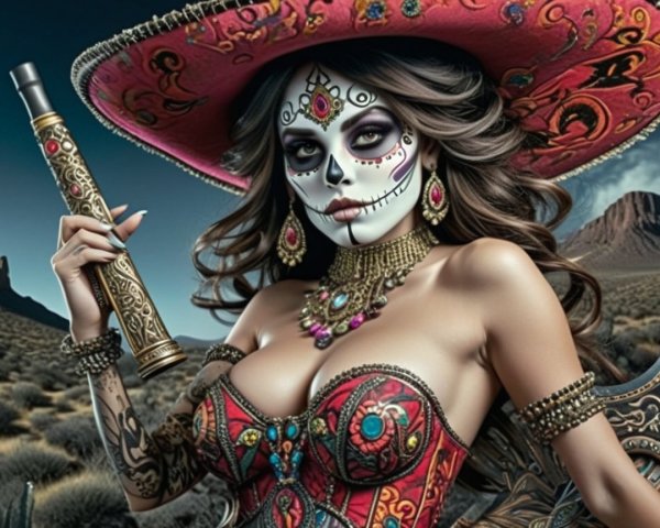 Day of the Dead Woman in Colorful Ornate Outfit