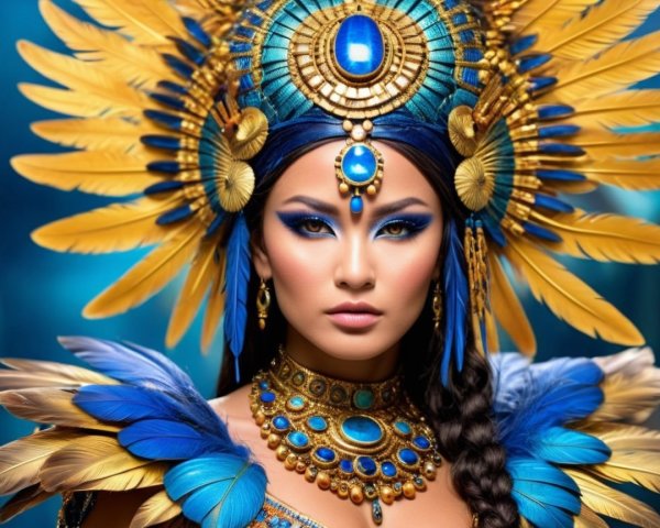 Portrait of a Woman with Feathered Headdress and Jewelry