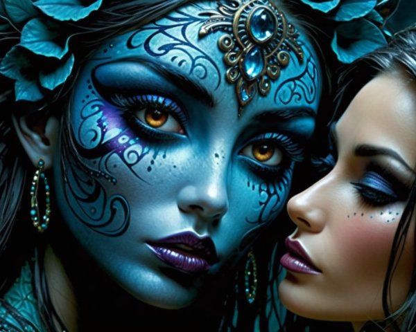 Intricate Blue Face Paint on Women with Floral Accents