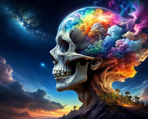 Surreal Landscape with Giant Skull and Cosmic Elements