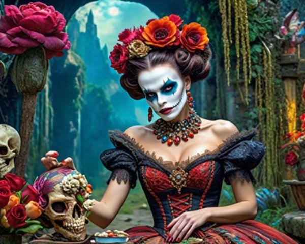 Woman in Ornate Dress in Mystical Garden Setting