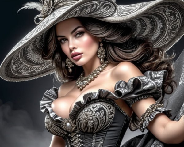 Glamorous Woman in Elegant Black Gown and Hat