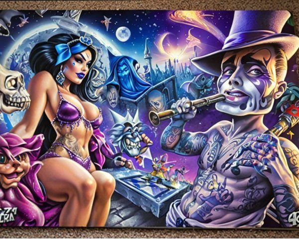 Surreal Scene with Woman, Mischievous Characters, Stars