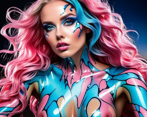 Model with Pink and Blue Hair and Artistic Makeup
