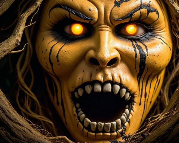 Close-up of a monstrous face with glowing eyes