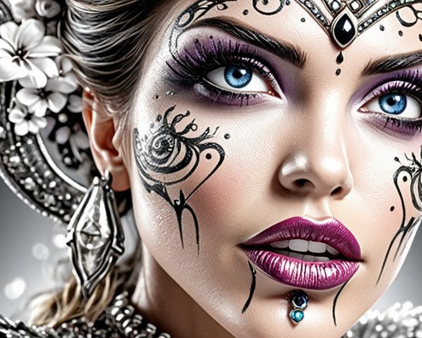 Close-Up Portrait of Woman with Facial Art and Jewelry