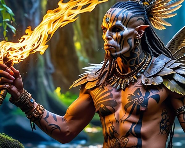 Warrior in Mystical Forest with Flaming Sword