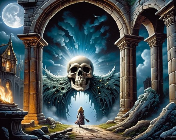 Mystical landscape with archway and colossal skull