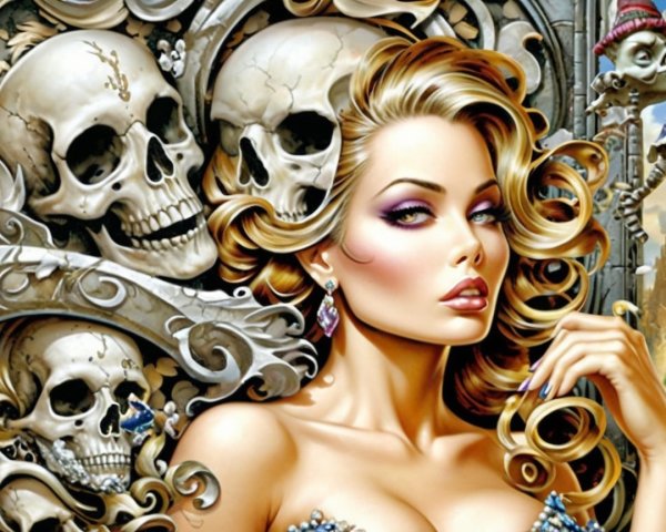 Glamorous Woman with Skull Backdrop and Sparkling Jewelry