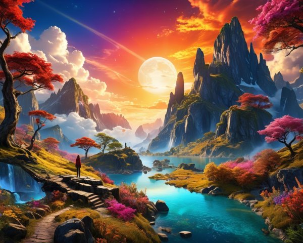 Majestic Sunset Landscape with Mountains and River