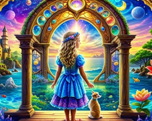Young girl in blue dress by ornate archway with ocean