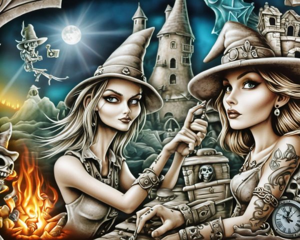 Witches in Fashionable Attire in Haunted Landscape